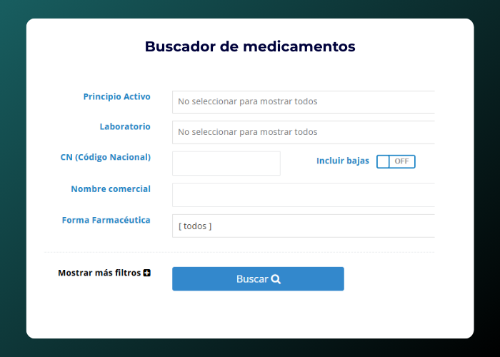 Buscador de medicamentos y presentaciones en WeTender Analytics para análisis de precios de medicamentos por principio activo y forma farmacéutica.