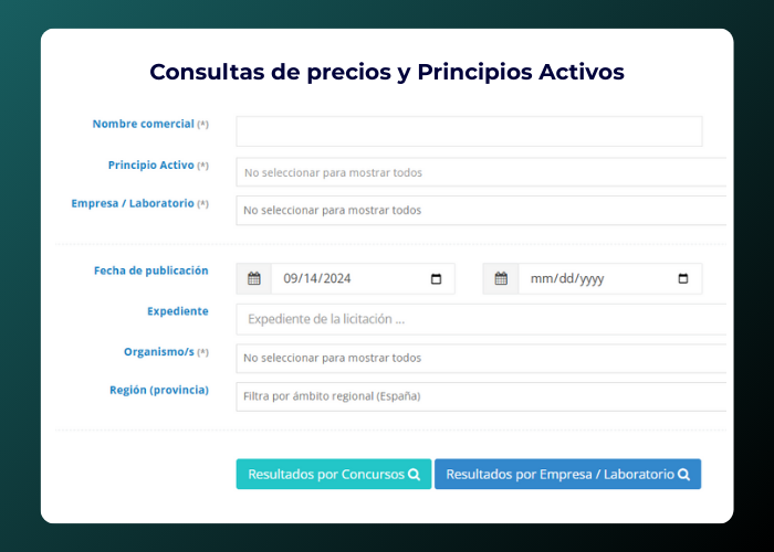 Buscador avanzado de WeTender Analytics para análisis de precios de medicamentos por laboratorio o principio activo.